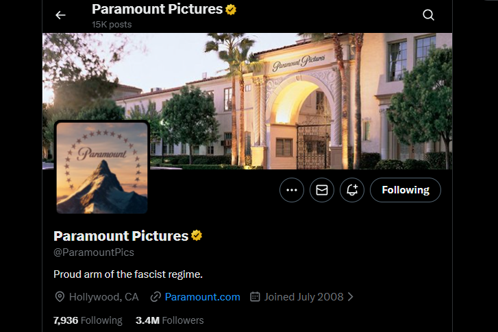 Paramount Pictures X Account Apparently Hacked to Read ‘Proud Arm of the Fascist Regime’