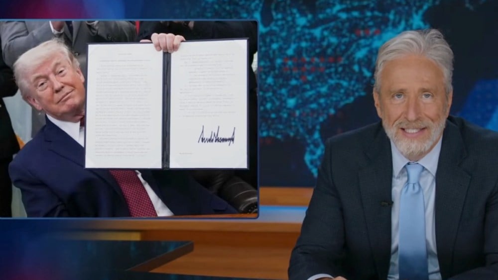 Jon Stewart Jokes That Donald Trump Is on Psychedelics After ‘Weird as S—‘ Bill Signing: ‘Have You Ever Really Looked at Your Signature, on Weed?’