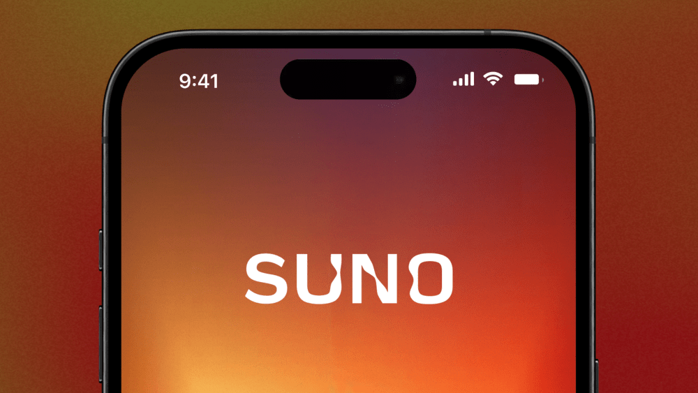 Ein Smartphone mit geöffneter Suno-Musikoberfläche vor einem violetten Hintergrund