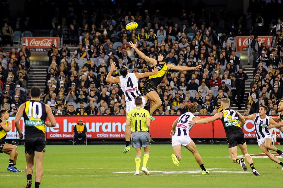 Centre bounce during the AFL round two match between Richmond and Collingwood on 30 March 2017 at the Melbourne Cricket Ground in Melbourne, Victoria