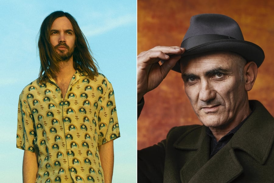 2 panel image of Tame Impala and Paul Kelly, two artists locked in for the Music From the Home Front ANZAC Day gig