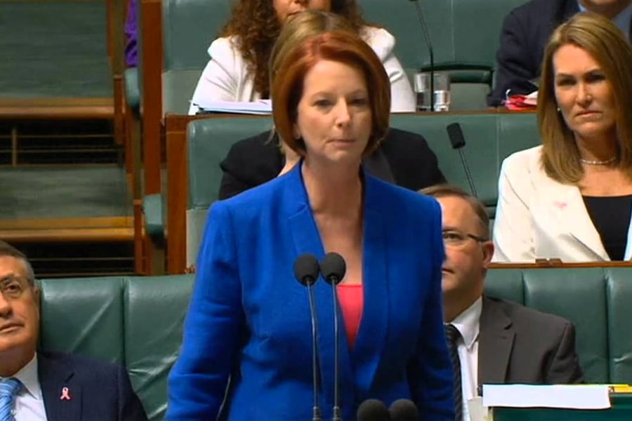 Image of Julia Gillard delivering her 2020 misogyny speech