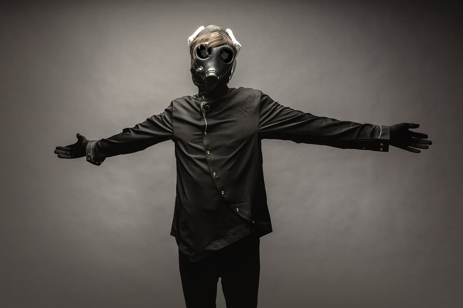 Will Toledo in the custom-designed mask he had made for the promotion of Car Seat Headrest's new album.