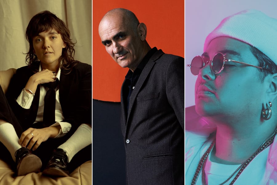 3 panel image of Courtney Barnett, Paul Kelly, and Mo'ju, artists performing for The State of Music this weekend