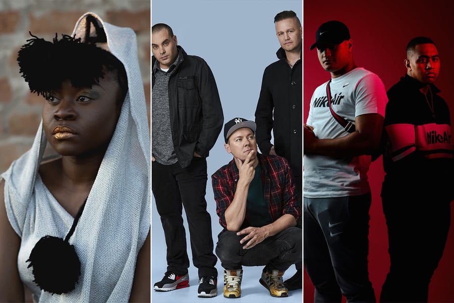 Three panel image of Australian hip-hop artists Sampa The Great, Hilltop Hoods, and OneFour