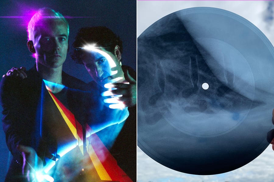 Two panel image of The Avalanches and a copy of their limited edition x-ray vinyl