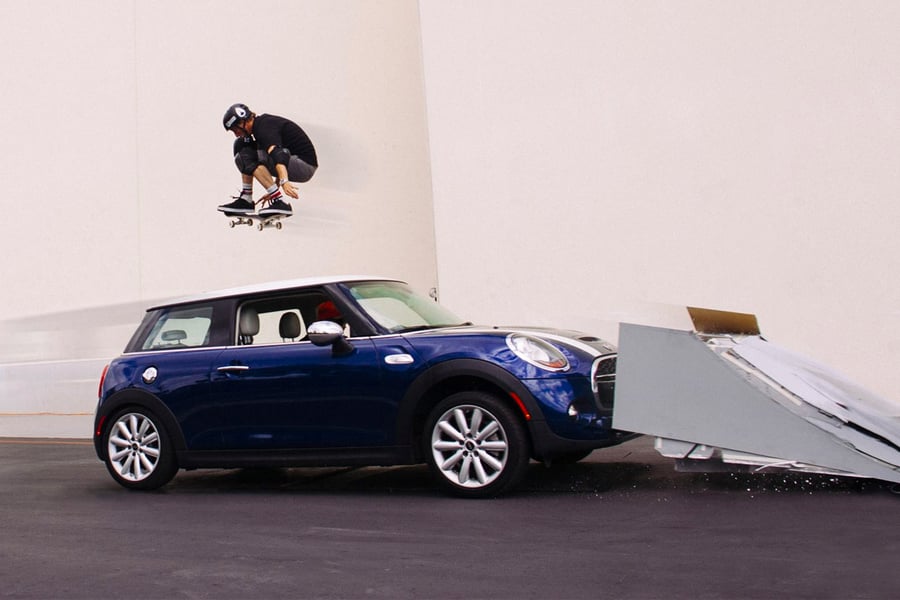 Tony Hawk jumping over a moving Mini Cooper S, 2014