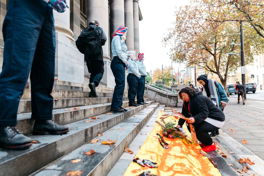 Wayne’s sibling Latoya Aroha Rule and Fatima Mawas lay a petition of 25,000 signatures on the steps of SA Parliament calling for a legislated ban on spit hoods