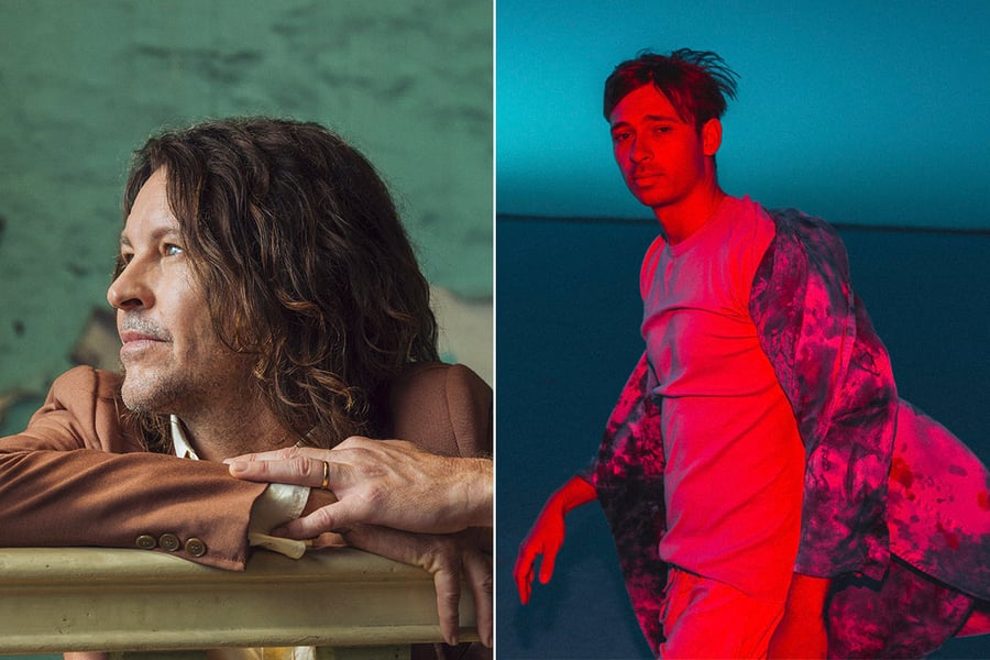 Two panel image of Flood Aid performers Bernard Fanning and Flume