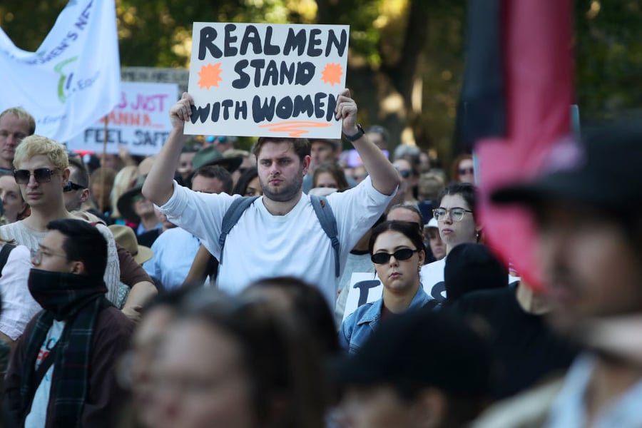 Demonstrators take part in a national rally against violence towards women on April 27, 2024 in Sydney, Australia. metoo