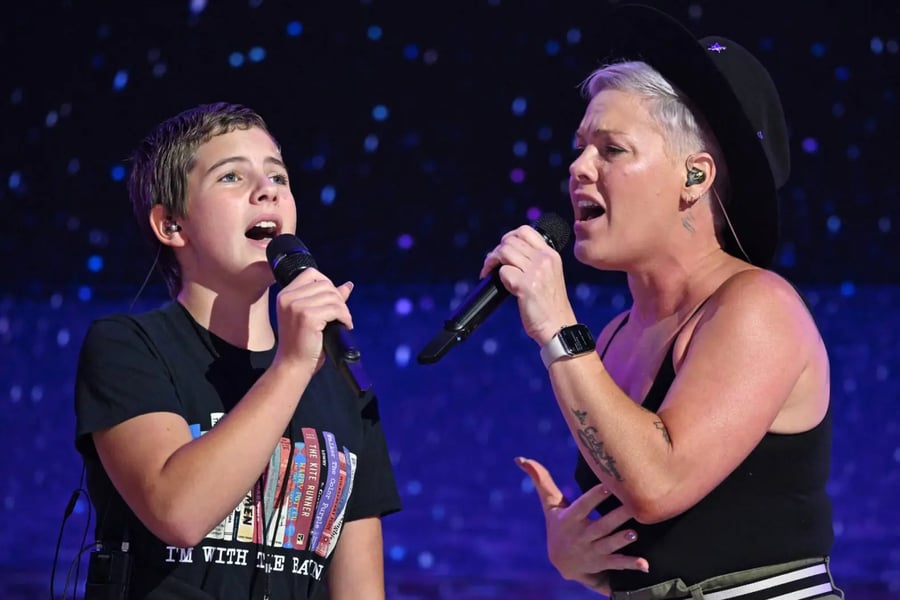 Pink and Willow perform during a sound check on the fourth and last day of the Democratic National Convention (DNC) at the United Center in Chicago, Illinois, on Aug. 22, 2024 Saul Loeb/AFP via Getty Images
