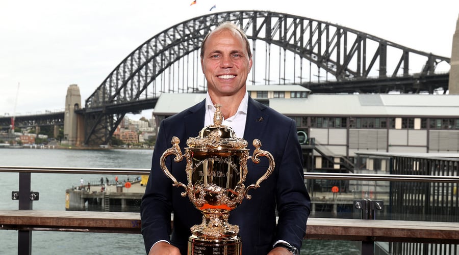SYDNEY, AUSTRALIA - JANUARY 30: Rugby Australia CEO, Phil Waugh poses with the Webb Ellis Cup during a media opportunity as World Rugby announce the host cities for the 2027 Men's Rugby World Cup at The Theatre Bar on January 30, 2025 in Sydney, Australia. (Photo by Brendon Thorne - World Rugby/World Rugby via Getty Images)