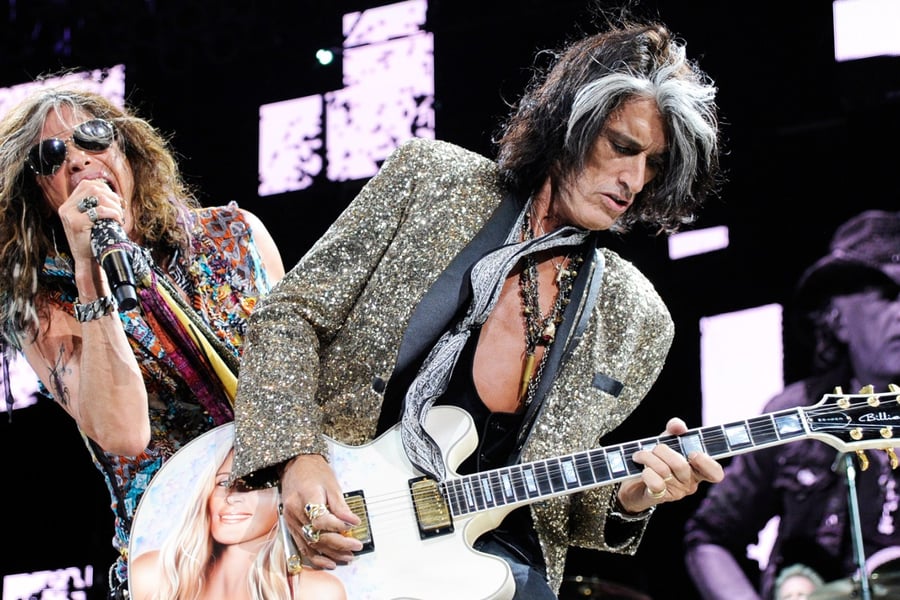 Aerosmith's Steven Tyler and Joe Perry performing in 2023