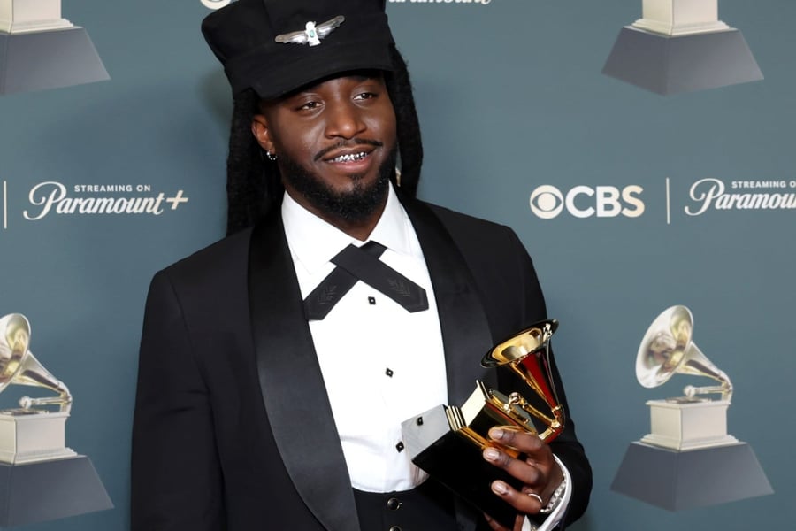 Shaboozey with his Grammy for Best Country Duo/Group Performance.