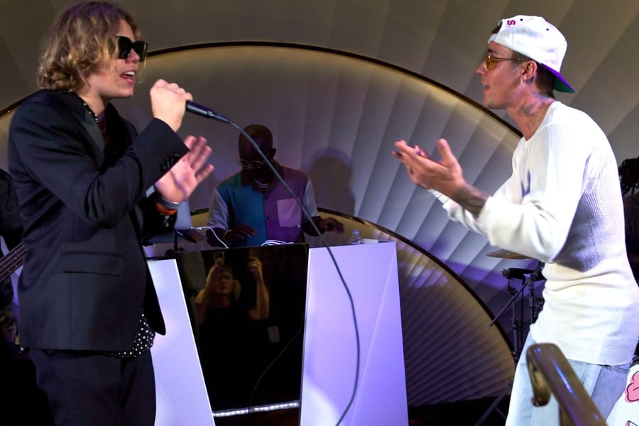 The Kid LAROI and Justin Bieber on July 10, 2021 in Las Vegas, Nevada.