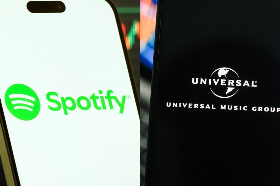 Spotify and Universal logos on phones