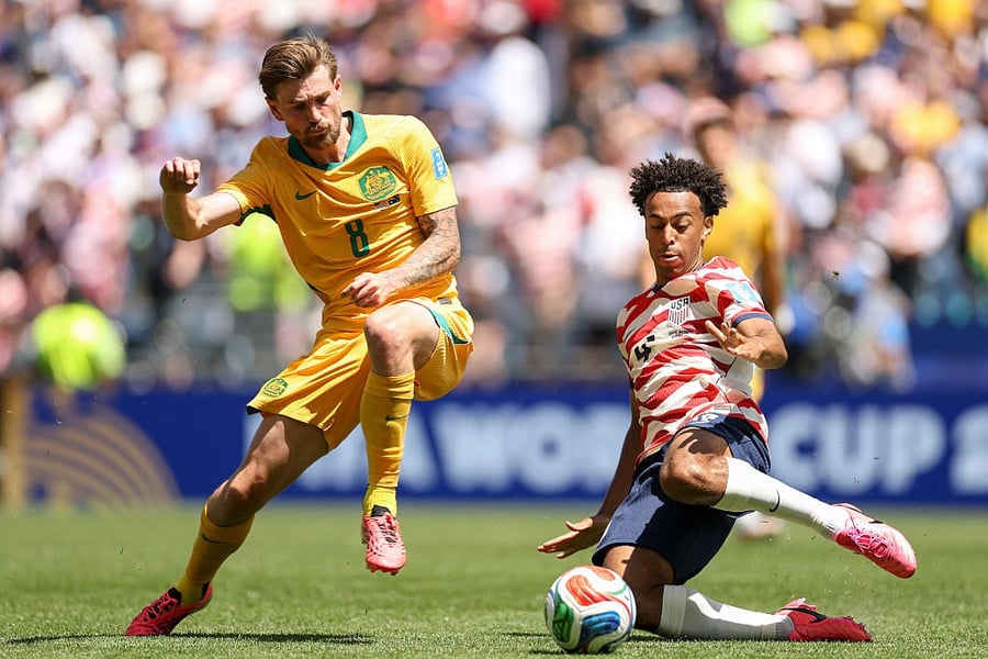 Connor Metcalfe plays against the USA at the World Cup